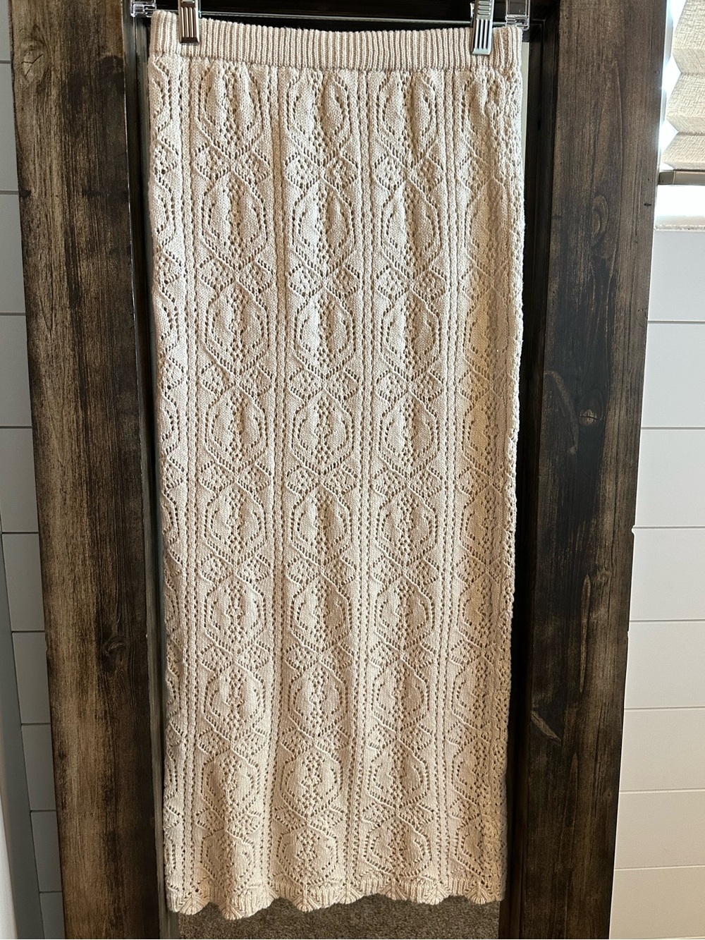 Cream Lace Crochet Midi Skirt Boho Cottagecore Sweater Neutral Beige Scandi knit